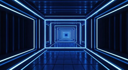 Fototapeta premium Futuristic, geometric corridor with receding square frames glowing bright blue