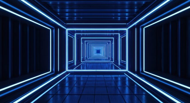 Futuristic, geometric corridor with receding square frames glowing bright blue