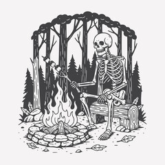 Skeleton by Campfire in Forest – Surreal Tattoo-Style Wilderness Art for Stickers & Merch