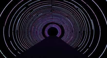 Futuristic tunnel with concentric neon light rings, leading to a dark void