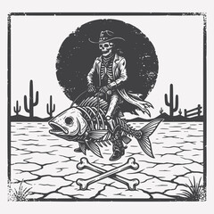Skeleton Cowboy on Bone Fish – Surreal Western Tattoo Art for Stickers & Merch