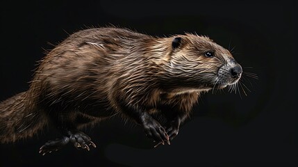 A brown North American beaver is captured in a dynamic portrait isolated on a dark background.
