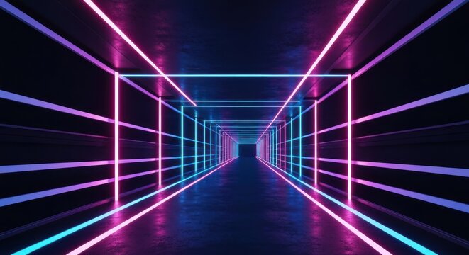 Futuristic tunnel bathed in neon light. Linear perspective leads to a dark portal
