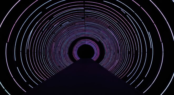 Futuristic tunnel with concentric neon light rings, leading to a dark void