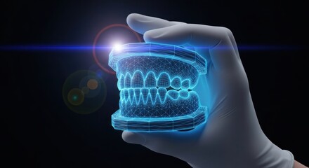 Gloved hand holding a glowing blue digital model of human teeth against a dark backdrop