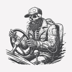 Skeleton Driver with Beard – Surreal Tattoo-Style Road Rebel Art for Stickers & Merch