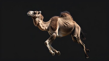 Fototapeta premium A dromedary camel walks dynamically against a plain dark background for advertising.