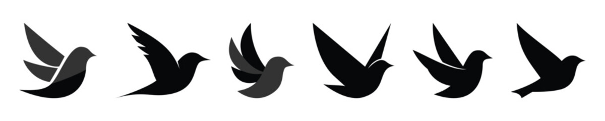 Six Flying Birds Silhouette Set Showing Different Wing Positions and Motion
