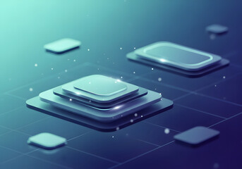 A modern abstract visualization of a technological platform with glowing layers and digital elements on an isometric grid