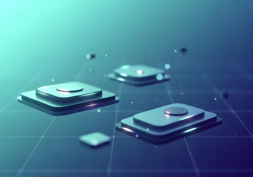 Futuristic Digital Interface Layers with Geometric Shapes Floating Above a Grid