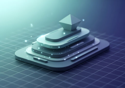 3D render of a futuristic layered platform with luminous geometric top, ethereal particles and grid, embodying technological innovation, data architecture, digital progress