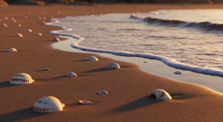 Golden hour view of a sandy beach with seashells and gentle waves lapping the shore