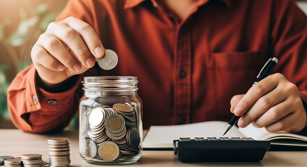 Hands Saving Money in Jar and Calculating Finances: Financial Planning, Investment, Budgeting, Saving, and Personal Finance Management for Future - High Quality Stock Content for Commercial 