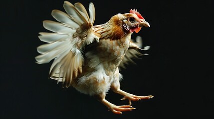 A chicken with open wings and feet dangling in the air against a dark background in studio shot
