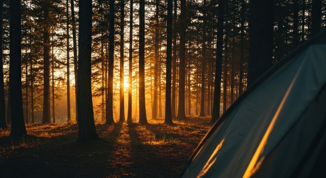 Golden sunrise illuminates a forest with tent in foreground