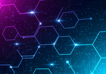 Abstract technological background with glowing interconnected hexagonal network structures, representing data flow, digital innovation, and futuristic connectivity in a vibrant cyber-themed design