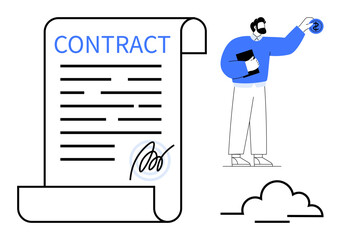 Large signed contract page with professional holding a clipboard and currency over cloud. Ideal for business, partnerships, agreement, finance, legal matters, commitment, negotiation, simple flat