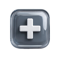 Obraz premium Glassy square button featuring a raised, white plus symbol on a gray background