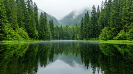 Serene forest surrounding tranquil lake under morning fog evokes peace and calmness