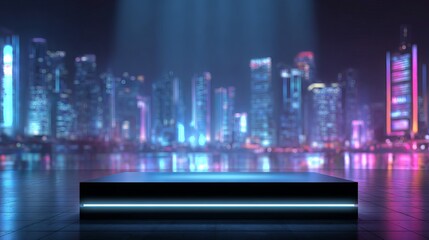 Sleek neon stage with futuristic cityscape backdrop offers a modern platform for product launch or event showcase