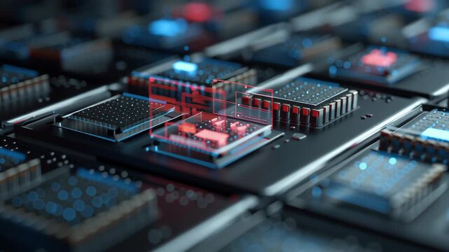 Close-up of micro structure battery array with AI analytical UI floating above surface, commercial article aesthetic, ai optimized energy storage