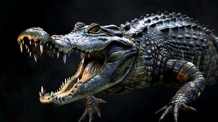 Fototapeta premium Crocodile fiercely opens its powerful jaws, displaying sharp teeth, suitable for wildlife.