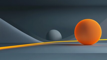 Space-time sci-fi style modern abstract background: under dark blue and gray tones, a large orange sphere on the right matches a small gray circle on the left, with a yellow vertical line separating t