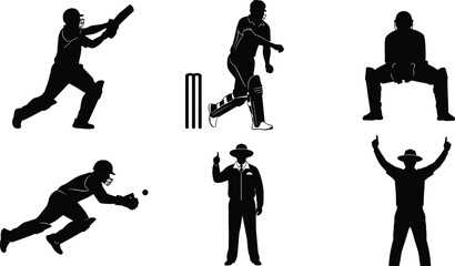 Cricket player silhouettes, batsman, bowler, wicketkeeper, fielder, umpire, black vector icons, sports action poses, stumps, dynamic movement, gear