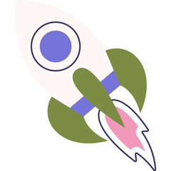 Stylized White Rocket Ship With Blue and Purple Accents and Green Fins Ascending With Pink Flames on a Transparent Background