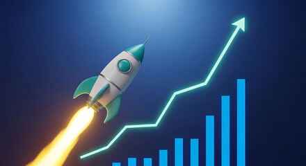 Rocket Launching to Success: Business Growth Chart with Ascending Arrow Showing Market Progress and Financial Success, Startup, Innovation, and Investment Opportunity Concept