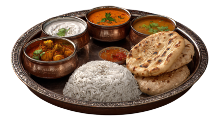 A traditional indian thali meal, featuring a variety of curries, rice, naan bread, and yogurt, presented on a decorative platter, isolated on a transparent background