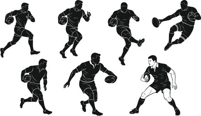 Rugby player silhouettes, running, kicking, passing, dodging, holding ball, black vector icons, sports action poses, dynamic movement, athletic gear