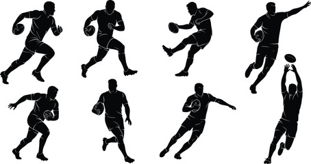 Rugby player silhouettes, running, passing, kicking, catching, holding ball, black vector icons, sports action poses, dynamic movement, athletic gear