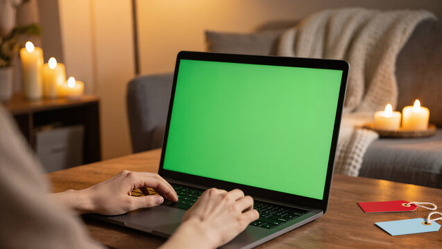 Cozy home office setup with laptop and green screen for design and relaxation.
