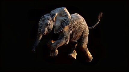 Obraz premium Young elephant walking dynamically highlighted against a dramatic dark backdrop for advertising.