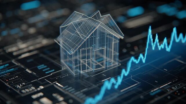 Close-up of resilient microgrid home AI runtime chart holographically floating, professional modern editorial tone, off grid smart home