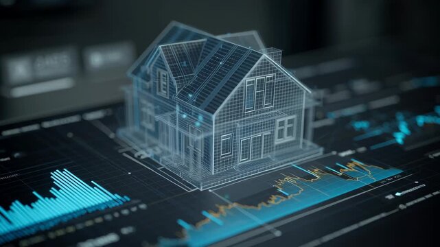 Close-up of resilient microgrid home AI runtime chart holographically floating, professional modern editorial tone, off grid smart home