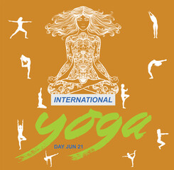 International Yoga Day Vector Poster with Meditative Woman and Yoga Pose Silhouettes – June 21 Wellness Concept