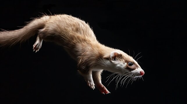 Ferret with light brown fur leaping in a dark space with whiskers visible on its face and body details