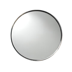 Circular mirror with a thick, reflective, metallic frame; minimalist design; clean, bright surface