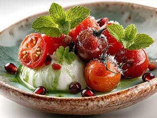 Fresh and vibrant appetizer with tomatoes, mozzarella, and pomegranate seeds, garnished with mint.