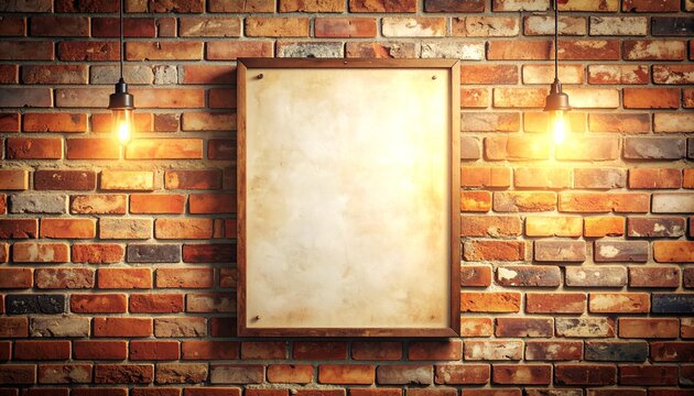 Blank Poster Frame on a Brick Wall with Warm Lighting, Ready for Customization
