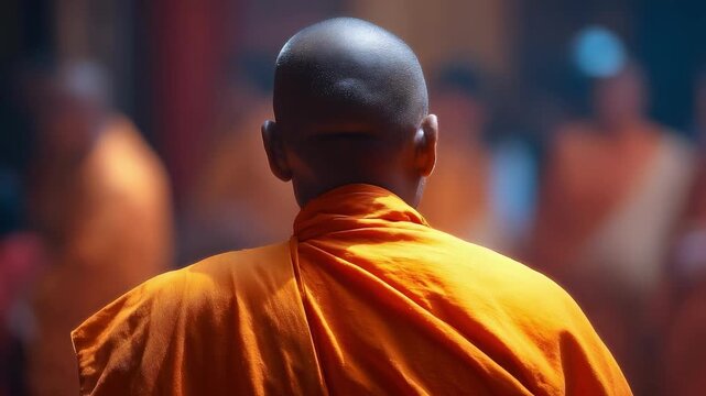 Back of a bald Buddhist monk in bright orange robes, standing in a busy temple.