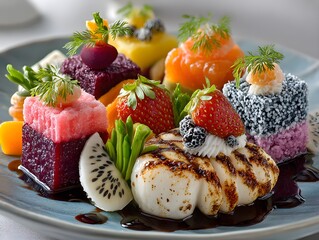 Artfully arranged gourmet dessert platter featuring vibrant fruits and sweet treats, a culinary delight.