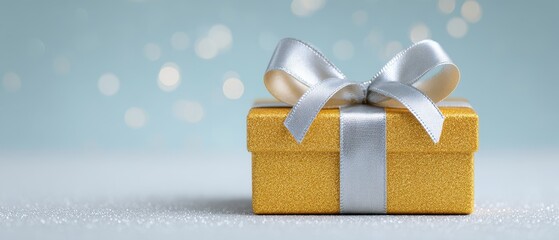Sparkling Gold Gift Box With Silver Ribbon On Glittery Surface With Soft Bokeh Background