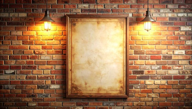 Empty vintage picture frame mockup hanging on an old rustic red brick wall illuminated by two retro light bulbs