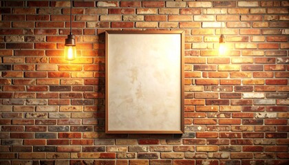 Blank wooden picture frame mockup hanging on a rustic red brick wall illuminated by two vintage hanging light bulbs