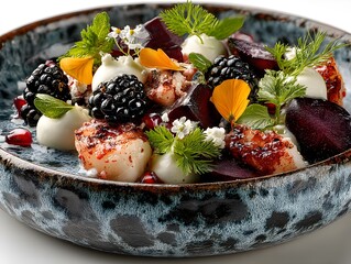 Artfully prepared seafood dish with fresh berries and delicate herbs in a rustic bowl