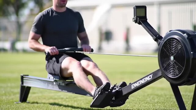 Man using a rowing machine outdoors on the grass.