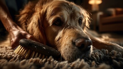 Grooming a dog on cozy rug